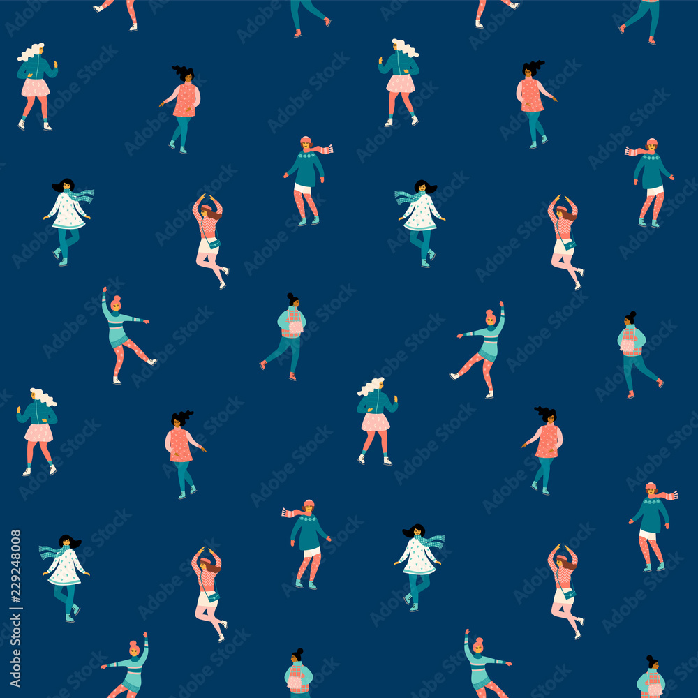 Vector seamless pattern with women skate. Trendy retro style.