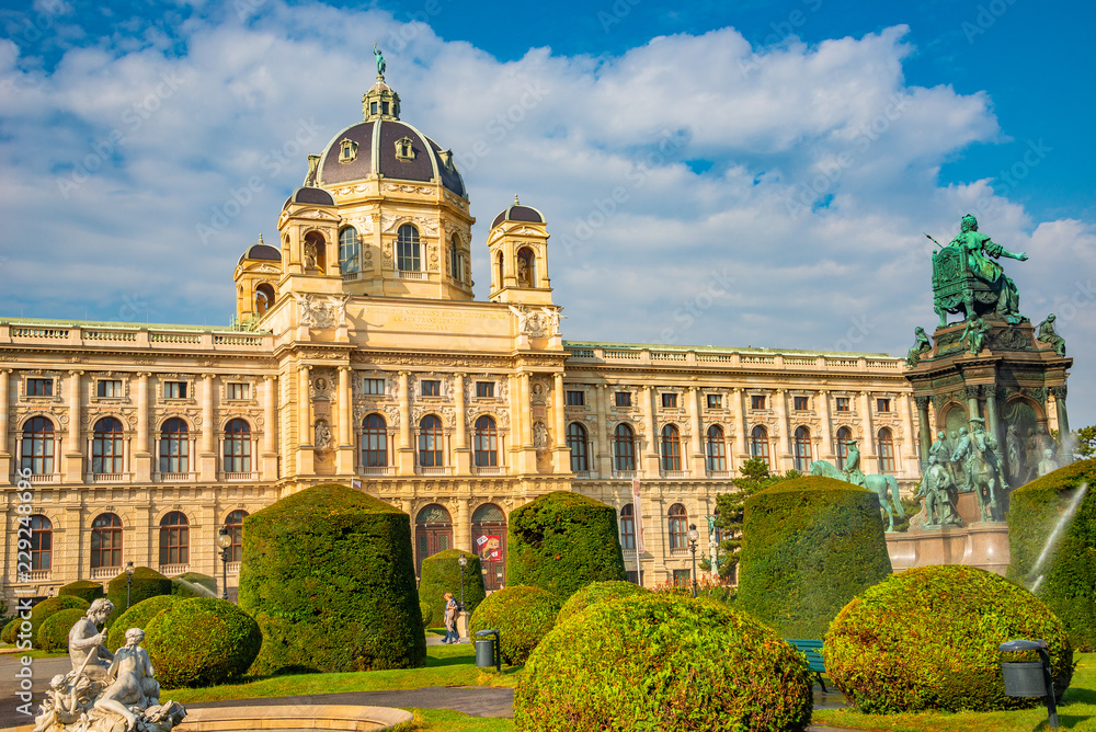 View at the museum of nature, science and history at Maria Theresa square during Autumn sunset in Vienna, Austria, sunny day