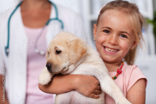 Fototapeta Naklejka Na Ścianę i Meble -  Happy little girl holding her cute puppy dog at the veterinary doctor office
