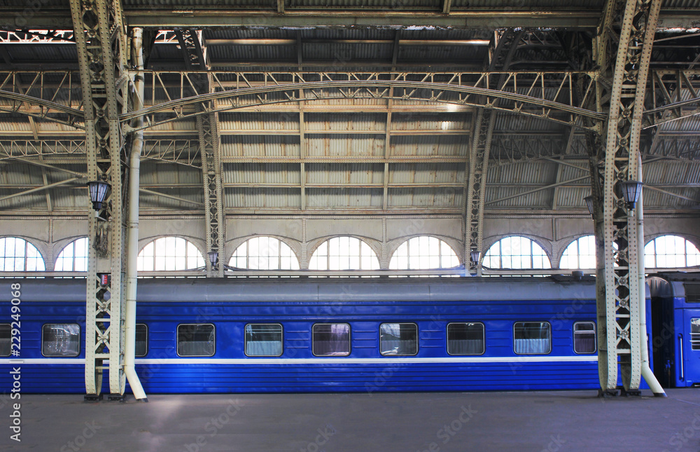 Modern Blue Train At Railway Station Empty Platform, Vintage Style 