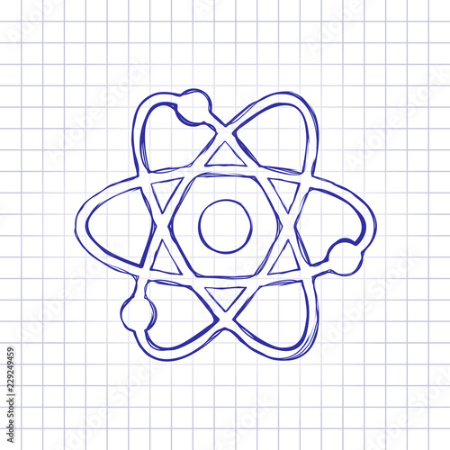 scientific atom symbol, simple icon. Hand drawn picture on paper sheet. Blue ink, outline sketch style. Doodle on checkered background