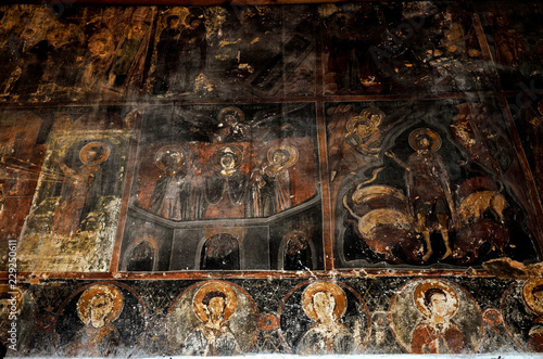 View of frescoes from the ancient church of Saint Athanasios (1614) in Tsaritsani, Elassona, Greece © Theastock
