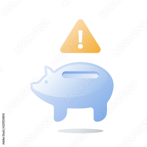 Budget plan, empty glass piggy bank, invest fund mismanagement, need money, unexpected spending, financial loss prevention