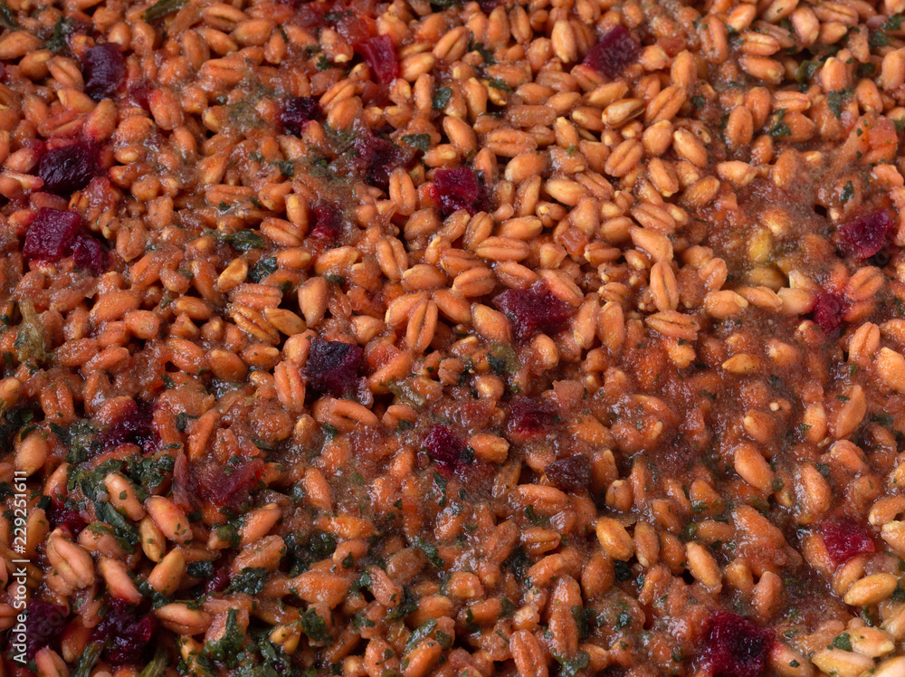 Close view of cooked farro with beets and spinach. Close view of cooked farro with beets and spinach.