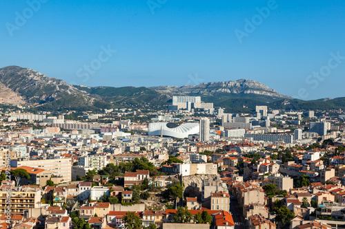 Aerial view of Marseille city from Notre dame de la garde cathedral viewpoint in south of France