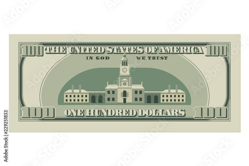 One hundred dollar bill. 100 dollars banknote, reverse side. Vector illustration isolated on white background