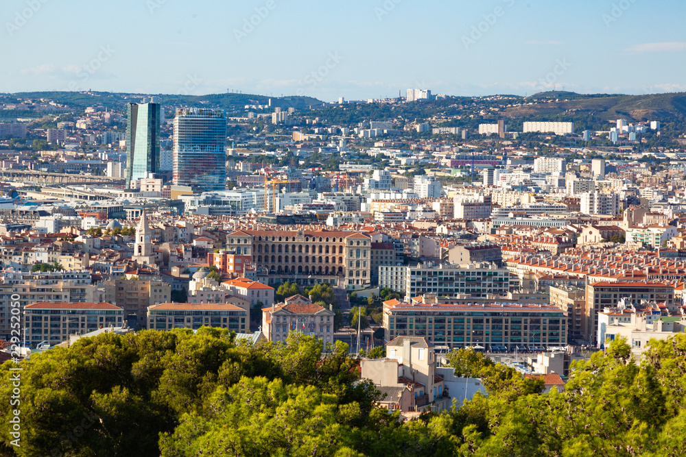 Aerial view of Marseille city from Notre dame de la garde cathedral viewpoint in south of France Aerial view of Marseille city from Notre dame de la garde cathedral viewpoint in south of France