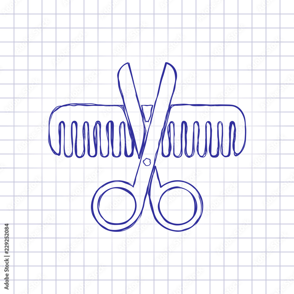 Scissors and hair brush. Crossed tools of barber. Hand drawn picture on paper sheet. Blue ink, outline sketch style. Doodle on checkered background Scissors and hair brush. Crossed tools of barber. Hand drawn picture on paper sheet. Blue ink, outline sketch style. Doodle on checkered background