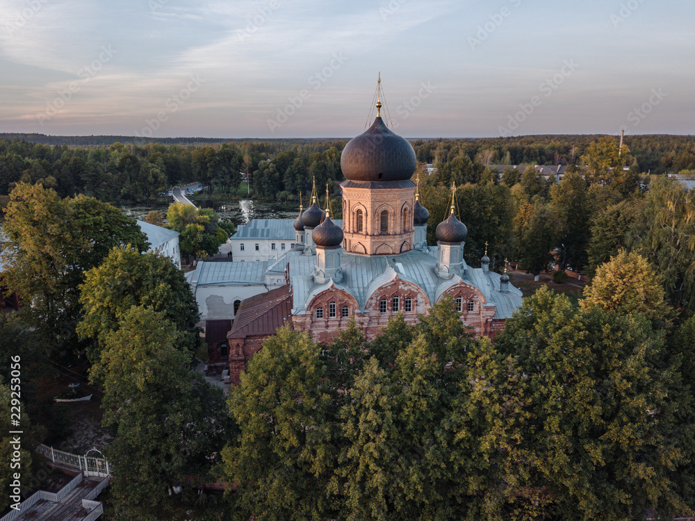 The Holy-Vvedensky nunnery in the Vladimir region. On the island. Aerial view.