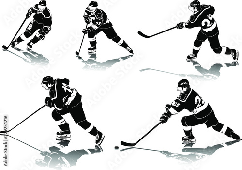 set of vector silhouettes ice hockey players