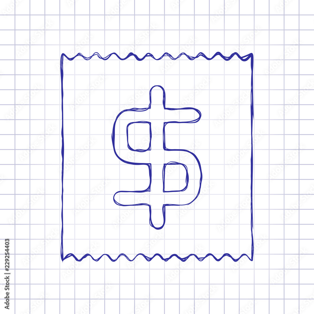 Receipt with dollar symbol. Hand drawn picture on paper sheet. Blue ink, outline sketch style. Doodle on checkered background Receipt with dollar symbol. Hand drawn picture on paper sheet. Blue ink, outline sketch style. Doodle on checkered background