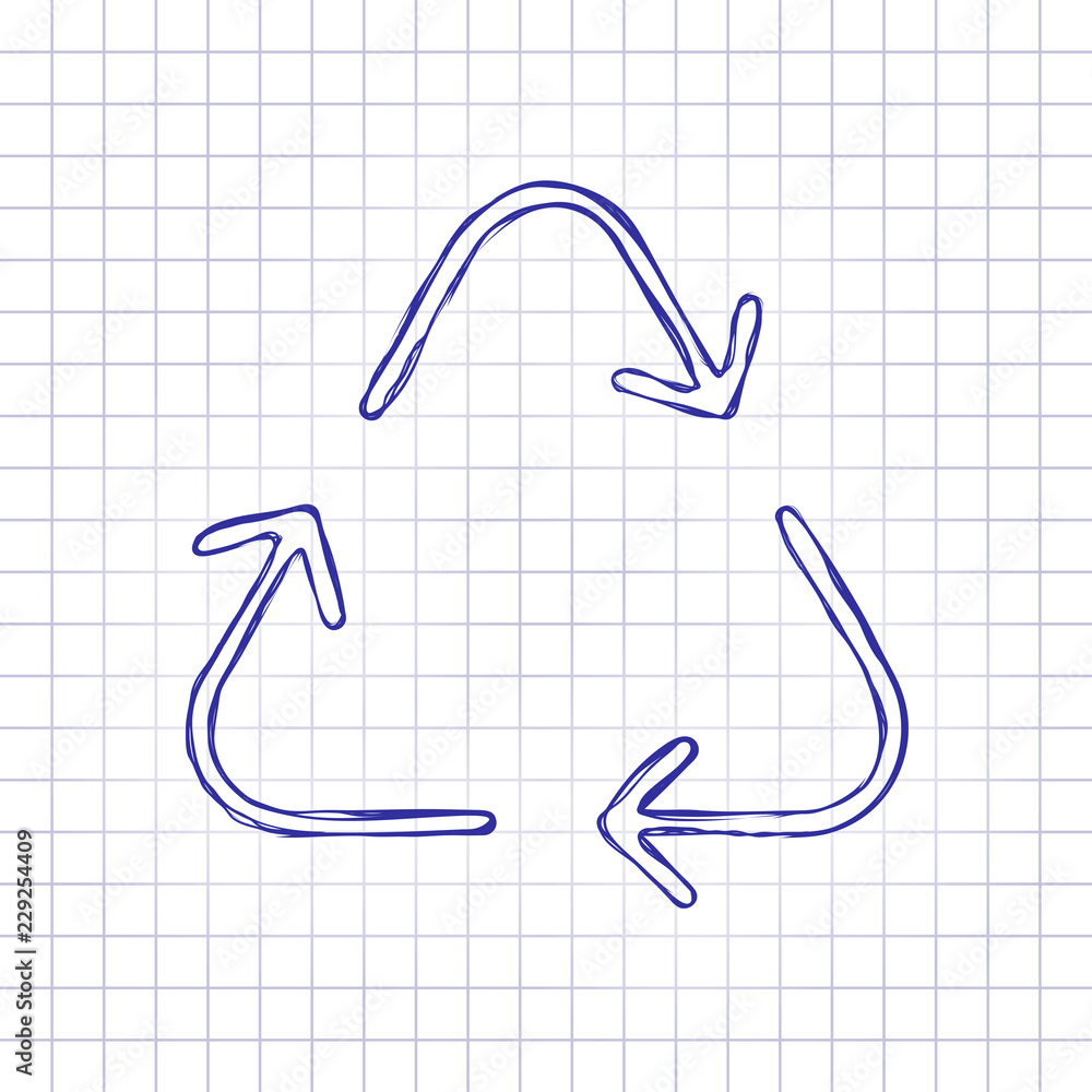 Recycle or reuse icon. Thin arrows, linear style. Hand drawn picture on paper sheet. Blue ink, outline sketch style. Doodle on checkered background