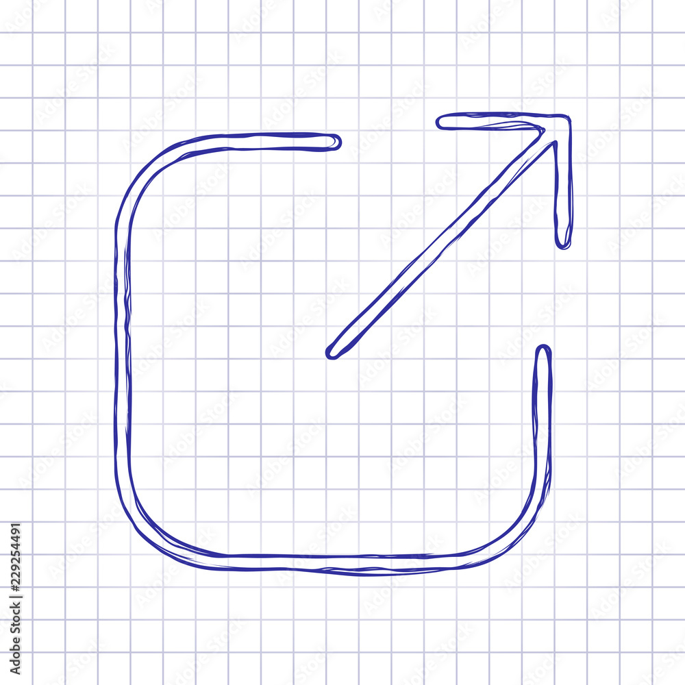 Share, logout or upload. Diagonal arrow out square. Hand drawn picture on paper sheet. Blue ink, outline sketch style. Doodle on checkered background Share, logout or upload. Diagonal arrow out square. Hand drawn picture on paper sheet. Blue ink, outline sketch style. Doodle on checkered background