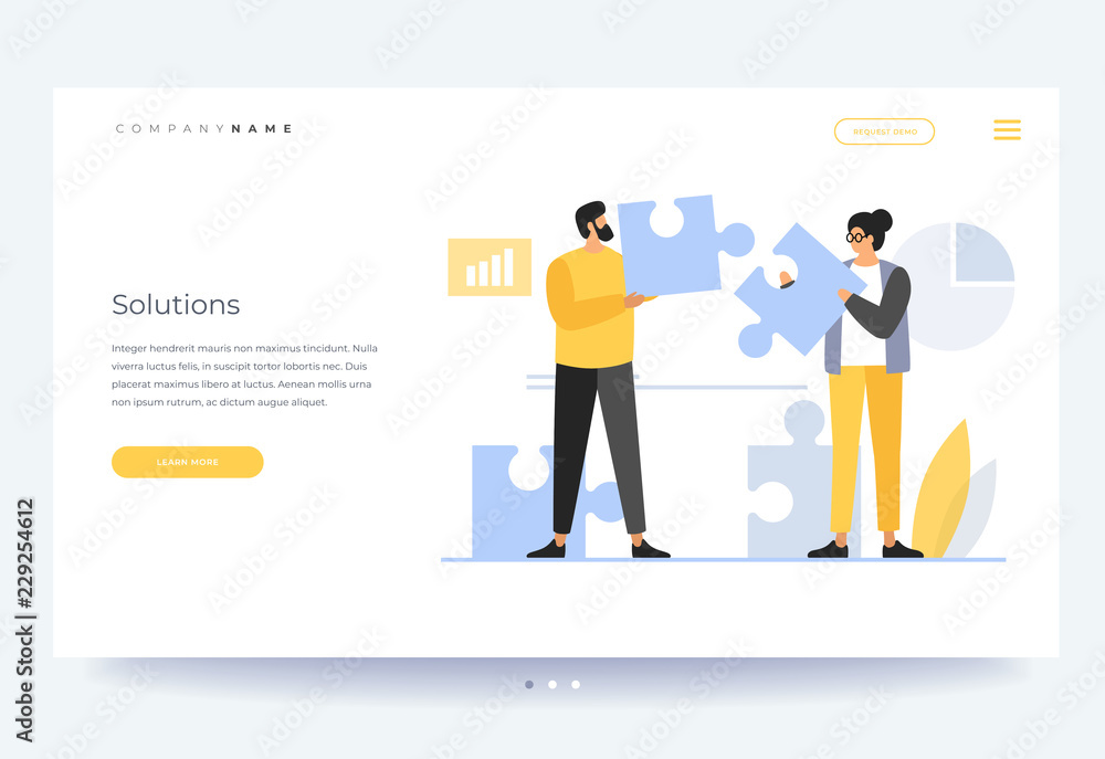 Landing page template. Concept of teamwork, building working system. The man and woman collects puzzles. Solution of business problems. Vector flat illustration.
