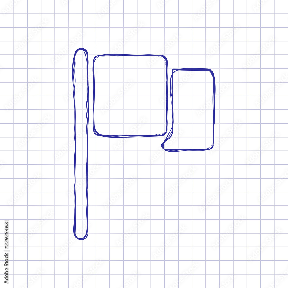 Simple flag icon. Hand drawn picture on paper sheet. Blue ink, outline sketch style. Doodle on checkered background Simple flag icon. Hand drawn picture on paper sheet. Blue ink, outline sketch style. Doodle on checkered background