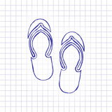 Beach slippers. Flip flops icon. Hand drawn picture on paper sheet. Blue ink, outline sketch style. Doodle on checkered background