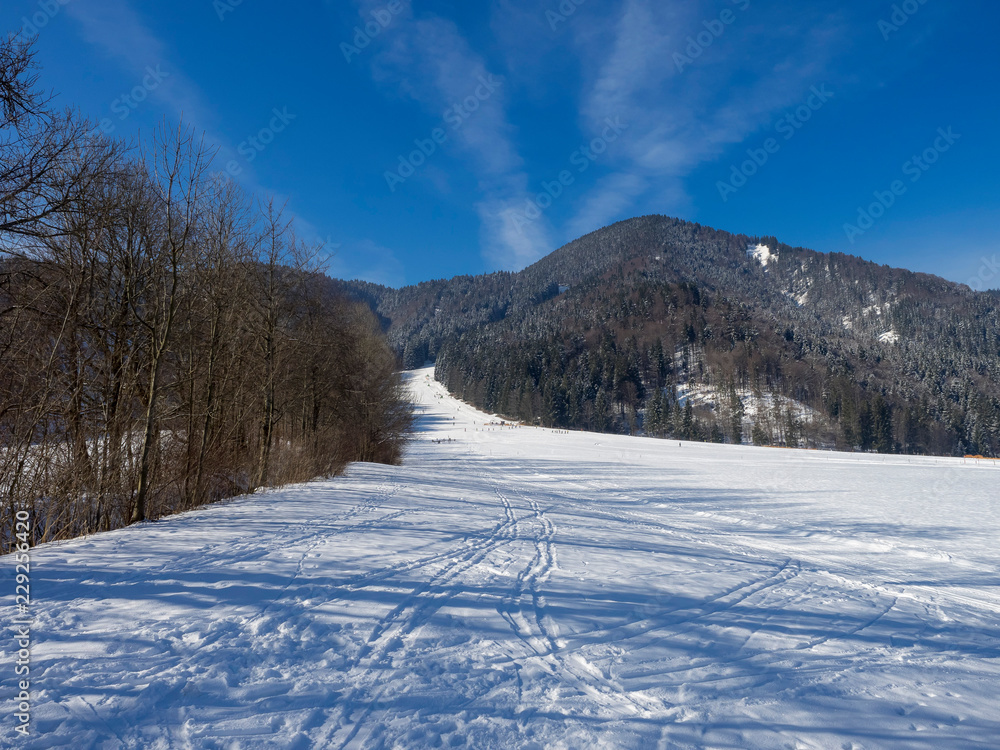 Bayerischen Voralpen. Schneelandschaften zwischen Scharling und Kreuth. Kirchberglift Bayerischen Voralpen. Schneelandschaften zwischen Scharling und Kreuth. Kirchberglift