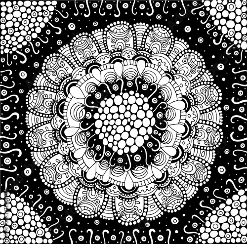 Psychedelic floral mandala with night sky background - antistress coloring page for adults. Fantastic abstract ink artwork. Vector illustration