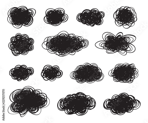 Tangled, scribble templates, backgrounds for text, lettering. Cloud shape frame set, collection. Array of rounded endless lines, uneven hand drawn chaotic strokes. Design elements, intricate textures.