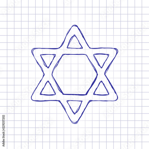 Star of david, simple icon. Hand drawn picture on paper sheet. Blue ink, outline sketch style. Doodle on checkered background