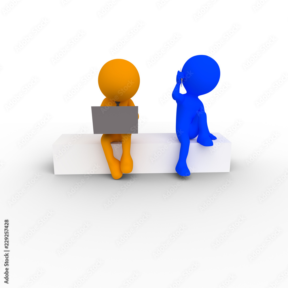 Business Men Blue and Orange with Laptop Business Men Blue and Orange with Laptop