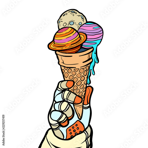 Astronaut holds the universe in his hands like ice cream