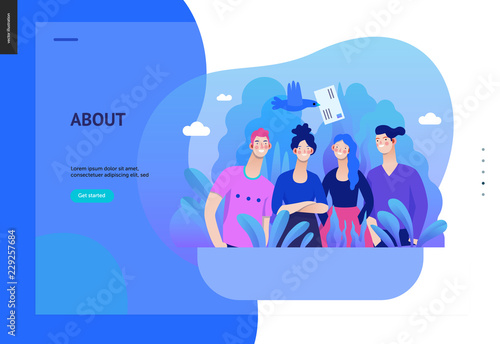 Business series, color 2- about company, contact -modern flat vector concept illustration of a company employees posing together. Business workflow management. Creative landing page design template