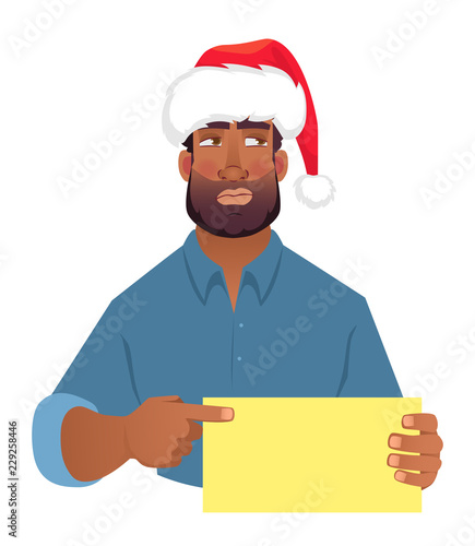 African man in hat holding blank card