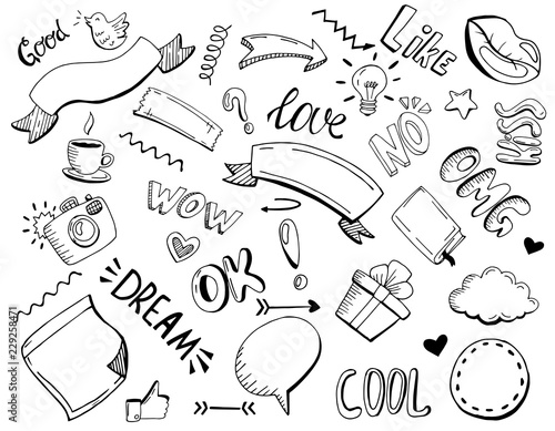 Icons of coffe, lamp, heart, book, camera, speech bubble, like, gif
