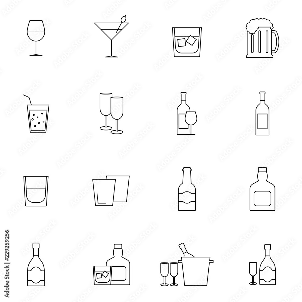 Simple Set of Alcohol Related Vector Line Icons. Contains such Icons as Champagne, Whiskey, Cocktail, Shots and more. Flat design Simple Set of Alcohol Related Vector Line Icons. Contains such Icons as Champagne, Whiskey, Cocktail, Shots and more. Flat design