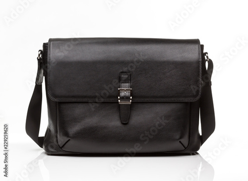 black leather men casual or business briefcase on white background