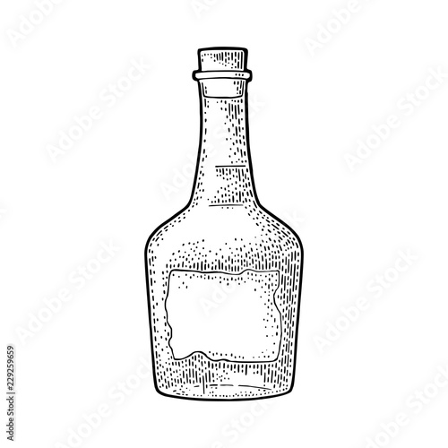 Bottle rum with craft label. Vintage vector black engraving illustration.