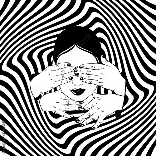 Vector hand drawn illustration of head with hands. Creative tattoo artwork. Template for card, poster, banner, print for t-shirt.