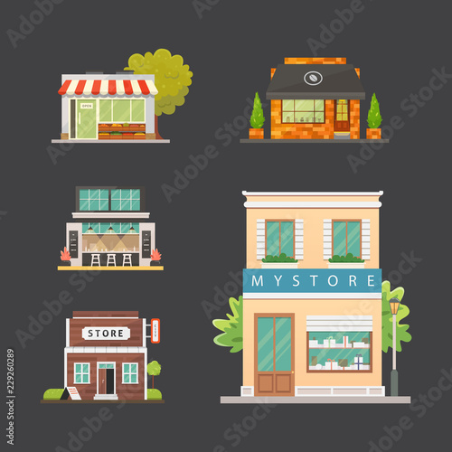 Fototapeta Naklejka Na Ścianę i Meble -  Shop store buildings vector illustrations set. Market exterior, restaurant and cafe. Urban front houses.