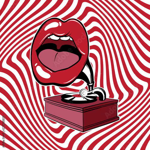 Vector hand drawn illustration of gramophone with human mouth.  Tattoo artwork made in 90's style. Template for card, poster, banner, print for t-shirt, textiles, badge, sticker, pin.