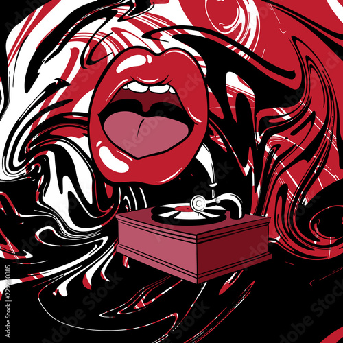 Vector hand drawn illustration of gramophone with human mouth.  Liquid unique texture. Template for card, poster, banner, print for t-shirt, textiles, badge, sticker, pin.
