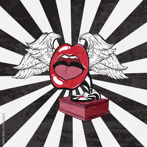 Vector hand drawn illustration of gramophone with human mouth and wings.  Tattoo artwork made in 90's style. Template for card, poster, banner, print for t-shirt, textiles, badge, sticker, pin.