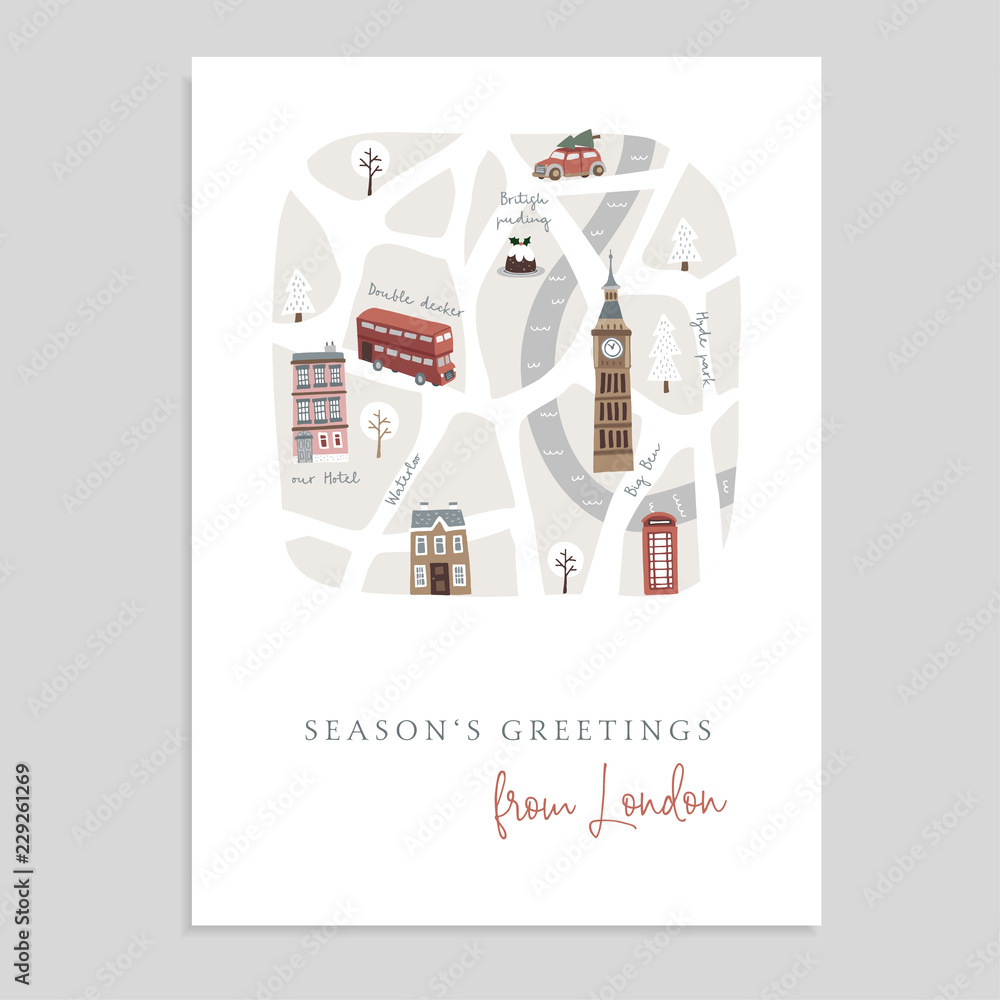Obraz premium Słodkie kartki świąteczne pozdrowienia, zaproszenie z mapą Londynu. Ręcznie rysowane brytyjskie ulice, double-house, domy, samochód i wieża Big Ben. Angielski projekt zimowy. Tło wektor ilustracja.