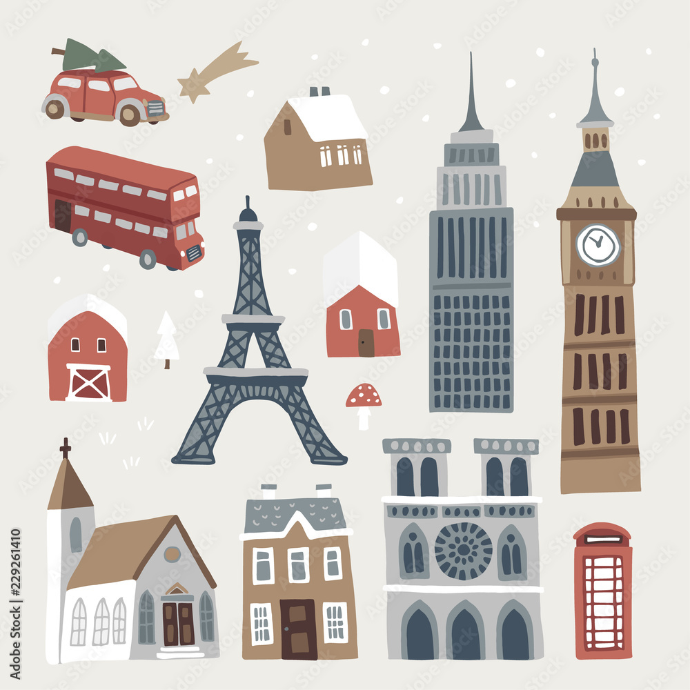 Set of cute winter city, town and village icons. Hand drawn houses, church, Eiffel and Big Ben tower, doubledecker and car. Christmas design. Isolated vector objects, flat design.