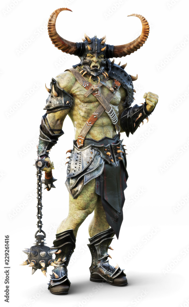 Savage Orc leader warrior wearing traditional armor. Fantasy themed character posing on an isolated white background. 3d Rendering Savage Orc leader warrior wearing traditional armor. Fantasy themed character posing on an isolated white background. 3d Rendering