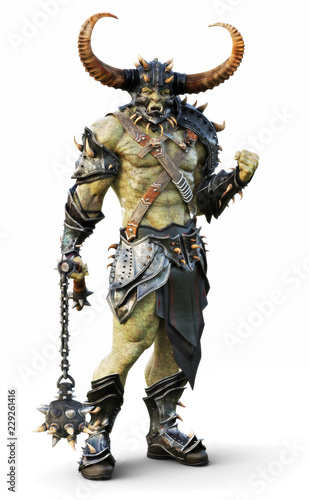 Savage Orc leader warrior wearing traditional armor. Fantasy themed character posing on an isolated white background. 3d Rendering © Digital Storm