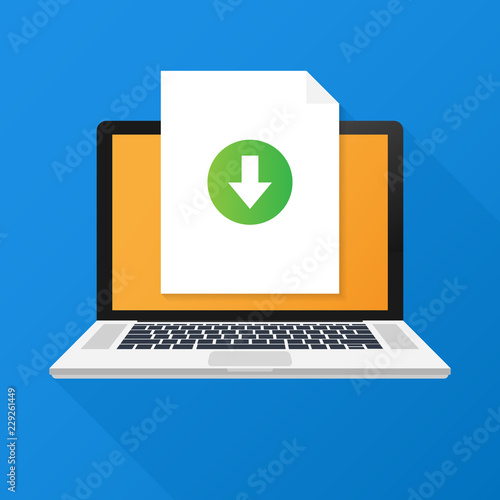 Laptop and download file icon. Document downloading concept. Trendy flat design graphic with long shadow. 