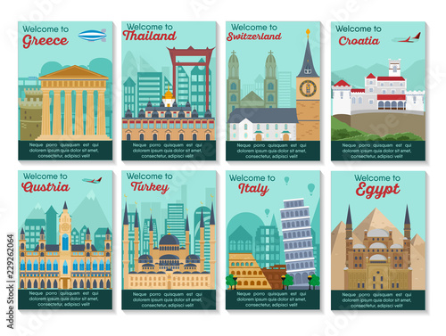 Set of different cities for travel. Landscape template flyer. Landmarks banner in vector. Travel destinations cards. Greece, Thailand, Switzerland, Austria, Turkey, Italy, Croatia, Egypt