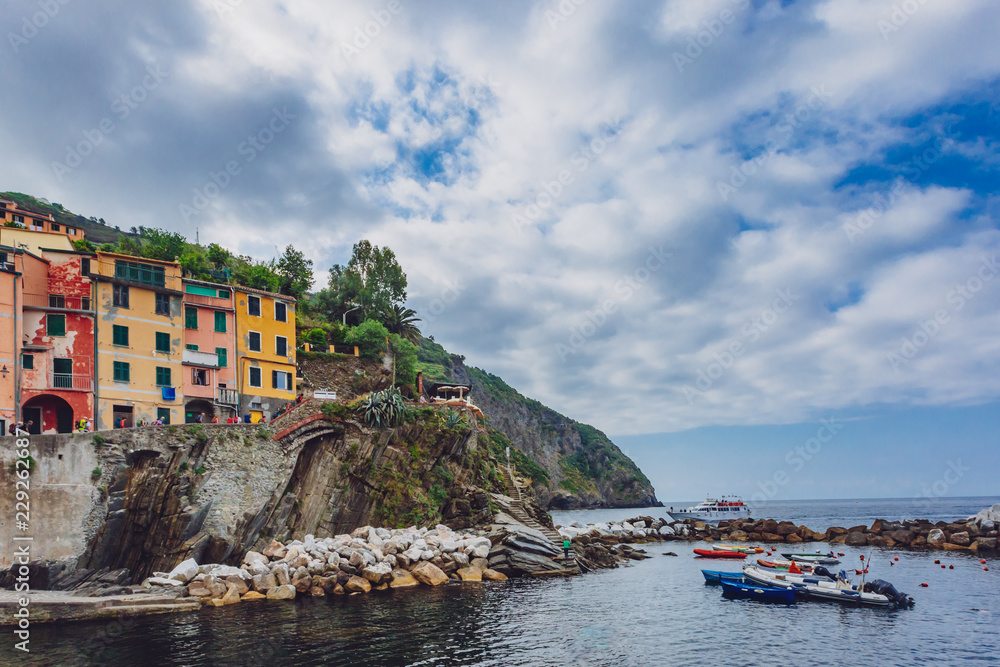 Port of Riomaggiore and the sea in Cinque Terre, Italy