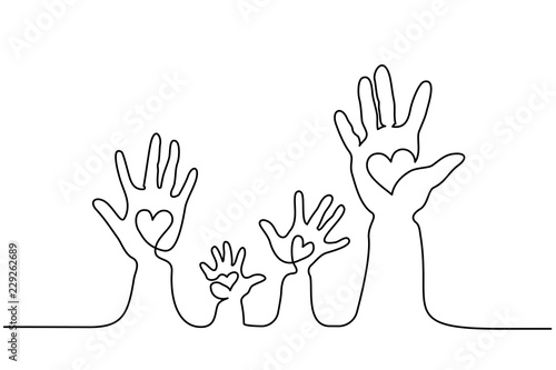 Continuous one line drawing. Abstract family hands holding hearts. Vector illustration