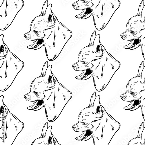 Vector pattern with hand drawn illustration of puppy with open mouth and tongue. Template for card, poster, banner, print for t-shirt.