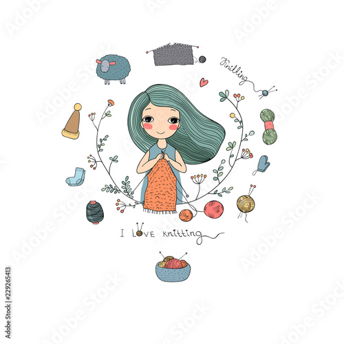 Cartoon Knitting girl. Intresting hobby. Coloring book