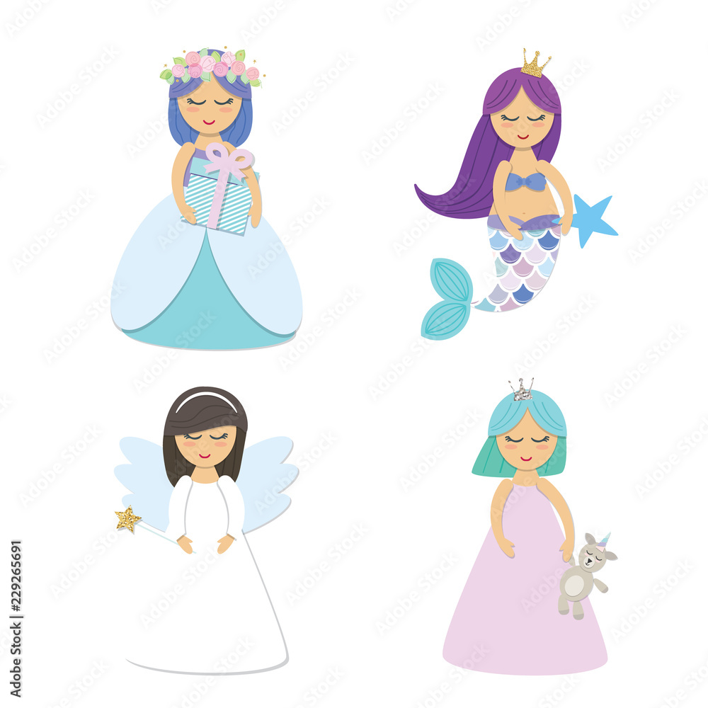 Cute little princess, mermaid, angel cartoon characters set isolated on white. Cute little princess, mermaid, angel cartoon characters set isolated on white.