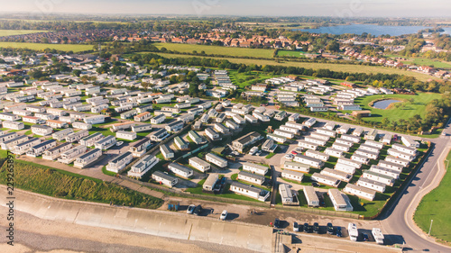 Aerial shot of Hornsea Caravan Park and Mere showing all the different trailers and holiday homes for rent during the holiday season