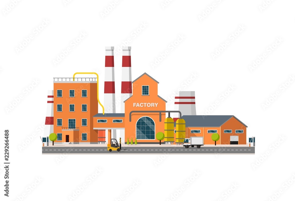 Obraz premium Vector flat Industrial factory on white background. Industrial revolution 4.0 . Manufacturing manufacturing engineering buildings illustration template. Urban architecture